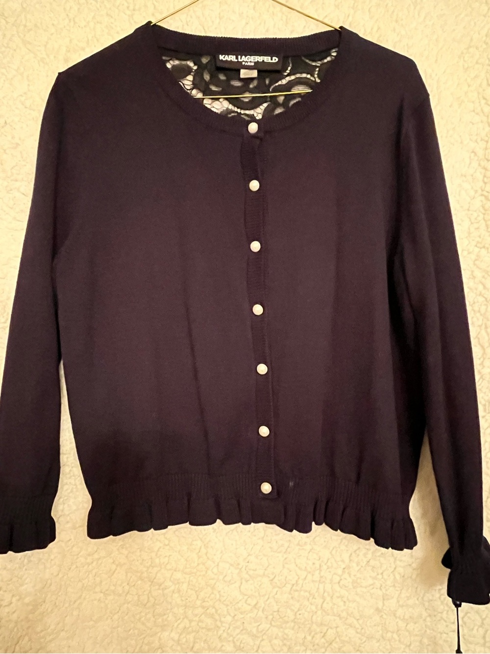 NWT Karl Lagerfeld Navy Blue Button-Front Women's Cardigan with Pearl Buttons
